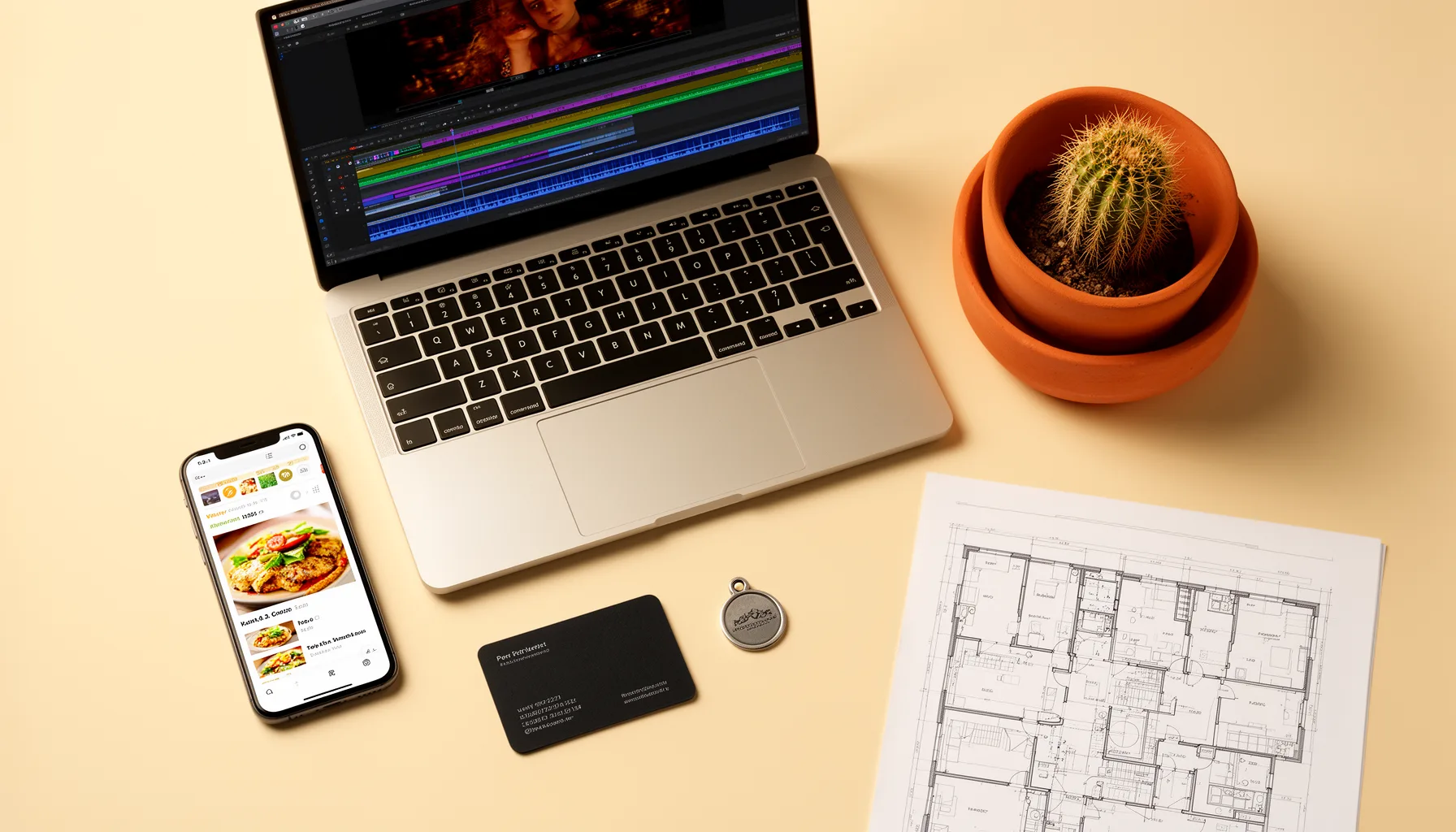 Bureau met een laptop, een telefoon met een menu, een NFC-kaart en een geprinte plattegrond