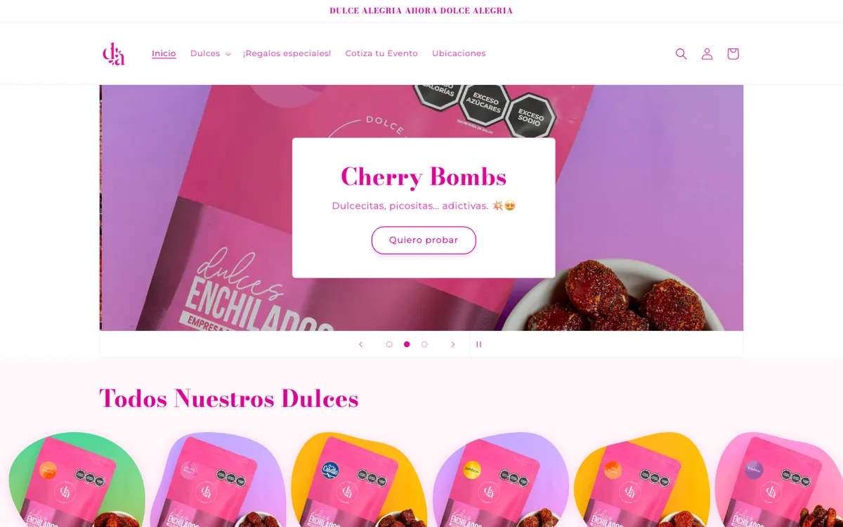 dolcealegria.com: Tienda en línea de dulces enchilados y tradicionales mexicanos, hecha para un cliente.