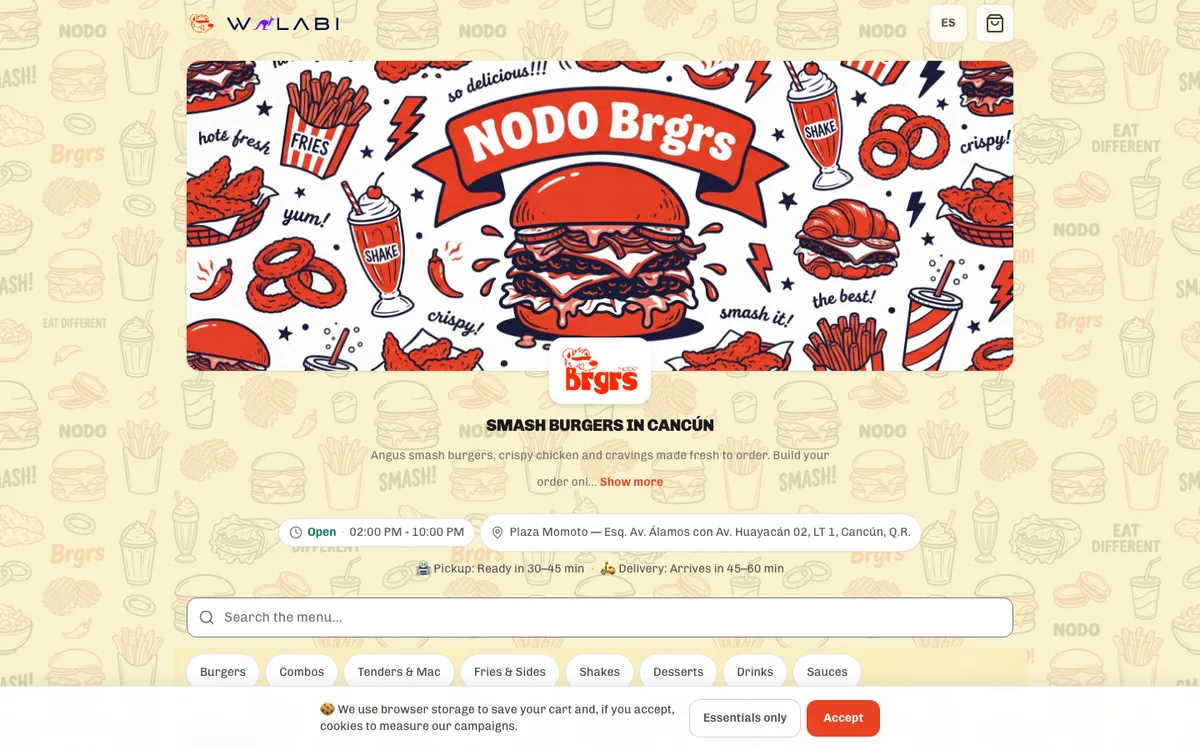 nodobrgrs.com: Pedidos en línea de una hamburguesería en Cancún: armas tu pedido y lo recibes a domicilio o pasas por él.