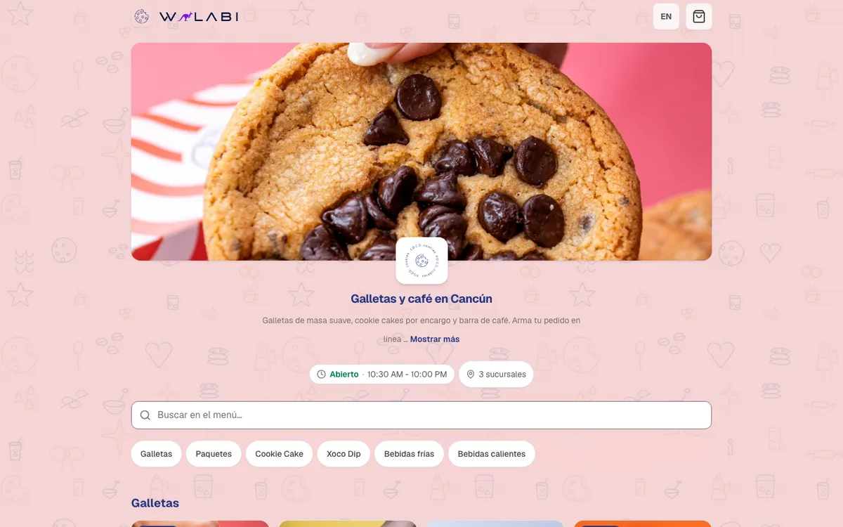xococookies.com: Pedidos en línea de galletas y café en Cancún, con recolección en tres sucursales.